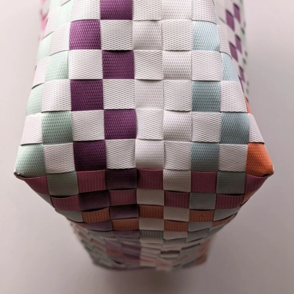 Kate Spade Multicolor Woven Tote Checkerboard Pastel Brights Striped Beach Bag L